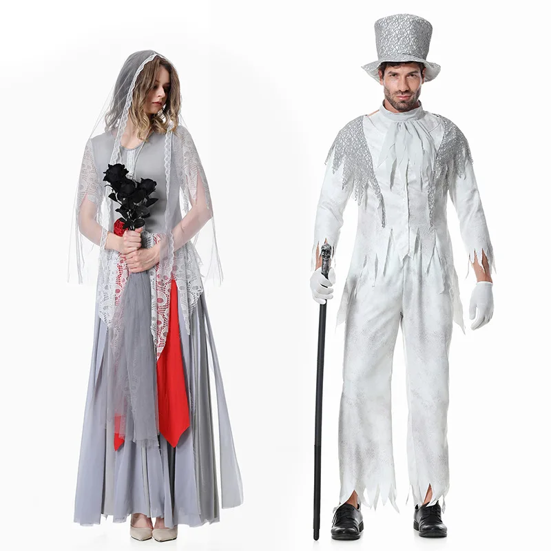 Zombie Bride and Ghost Groom Ceremonial Dress Women & Men or Couples Scary Vampire Zombie Cosplay Costume Halloween Party Dress