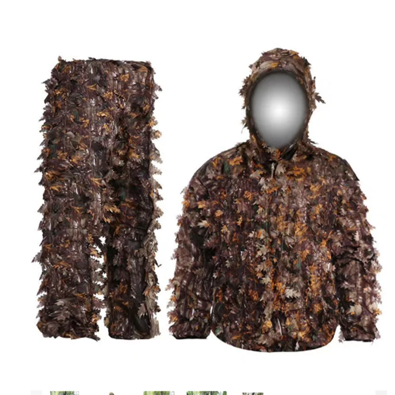 

3D New-Sticky Flower Bionic Leaves Camouflage Suit Hunting Ghillie Suit Woodland Camouflage Universal Camo Set Leafy Hat Gloves