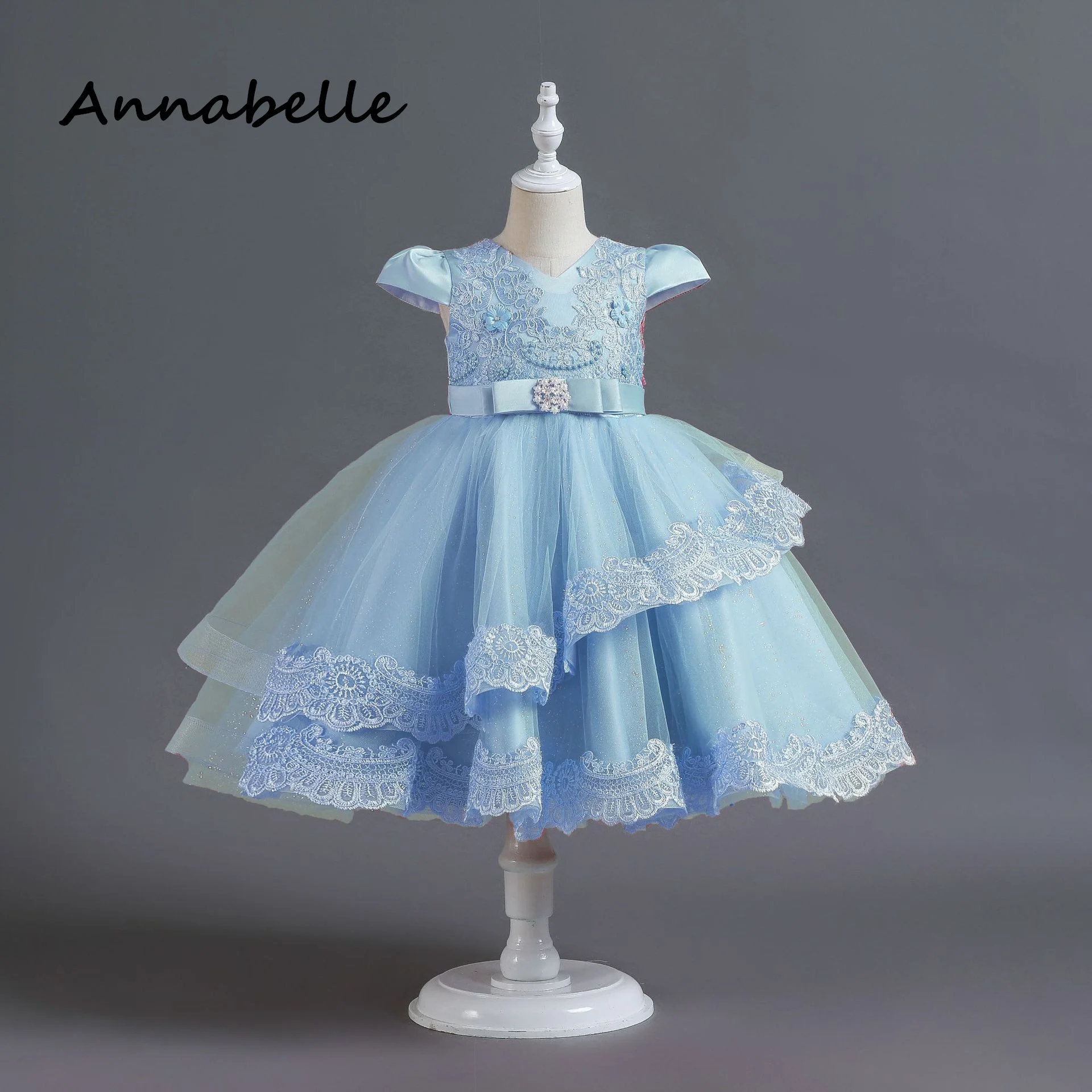 Annabelle Flower Girl Princess Dress Baby Girl Bow cerimonia compleanno rosa girocollo per abito da damigella d'onore festa di nozze