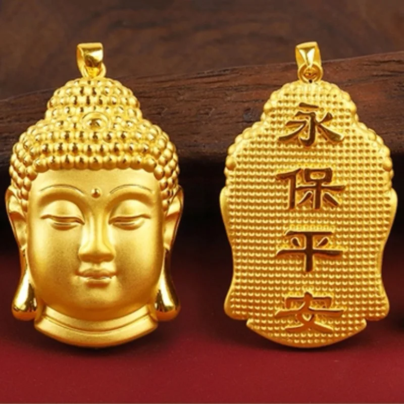 9999 24K Real Gold Buddha Head Pendants Golden Sun Buddha Statue Pendant Black Rope Necklace for Men and Women Good Luck