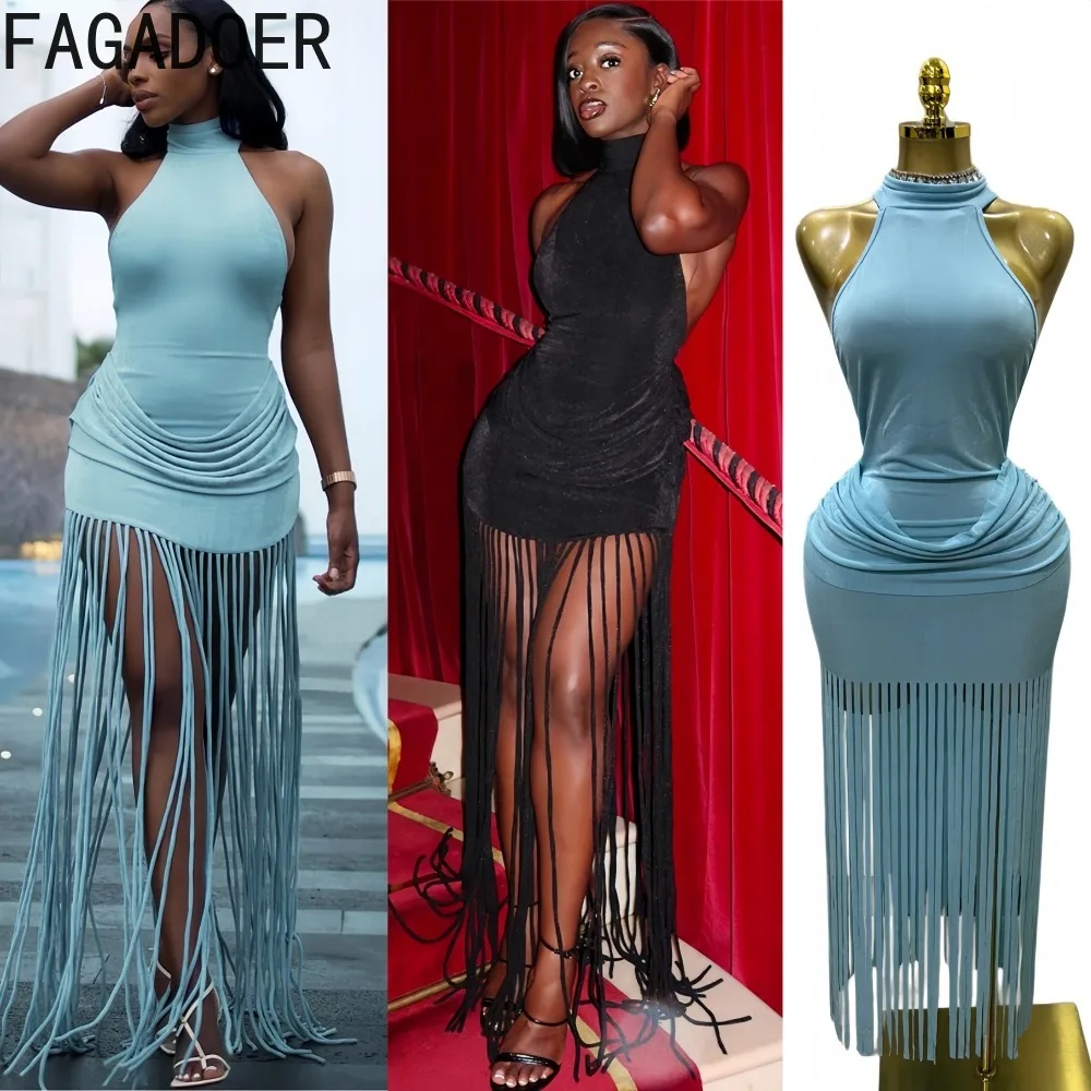 

FAGADOER Elegant Tassel Ruched Patchwork Bodycon Dresses Women Solid Color Halter Backless Dress Female Birthday Party Vestidos
