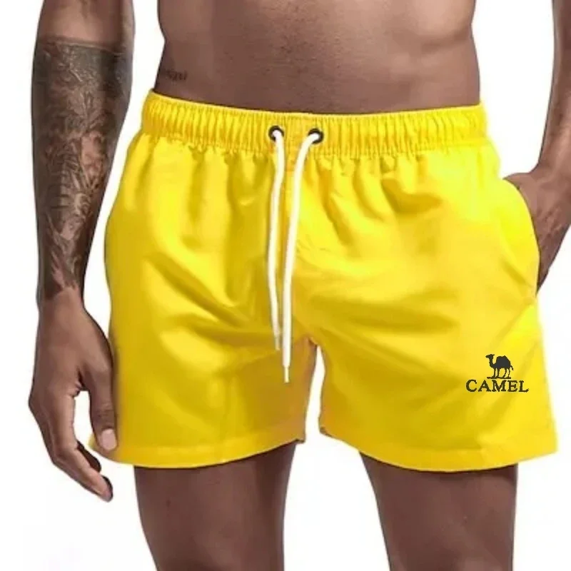 Summer Men's Embroidered CAMEL with Inner Mesh Drawstring Pocket for Breathable Quick Drying Beach Shorts Suitable for Surfing