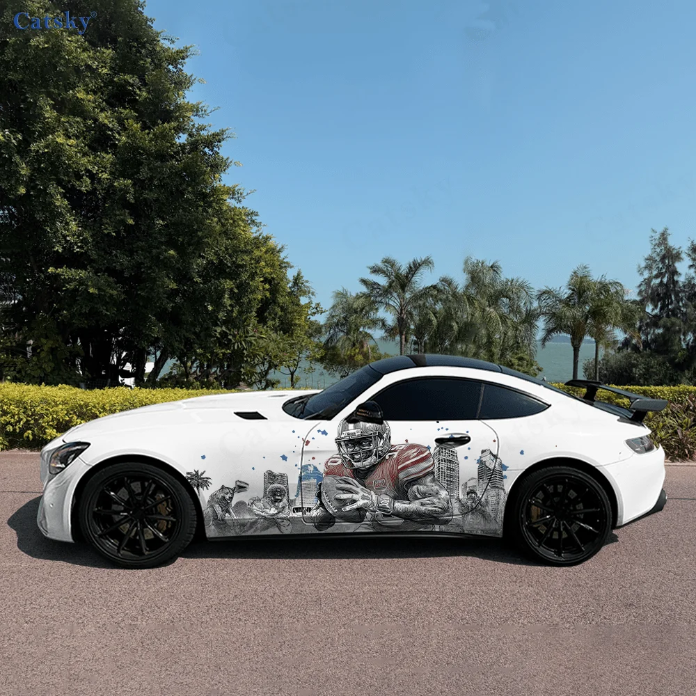 City Silhouette Rugby Player Car Vinyl Wraps Decal Self-adhesive PVC Sticker Suitable for Trucks SUV Decor Auto Accessories Gift