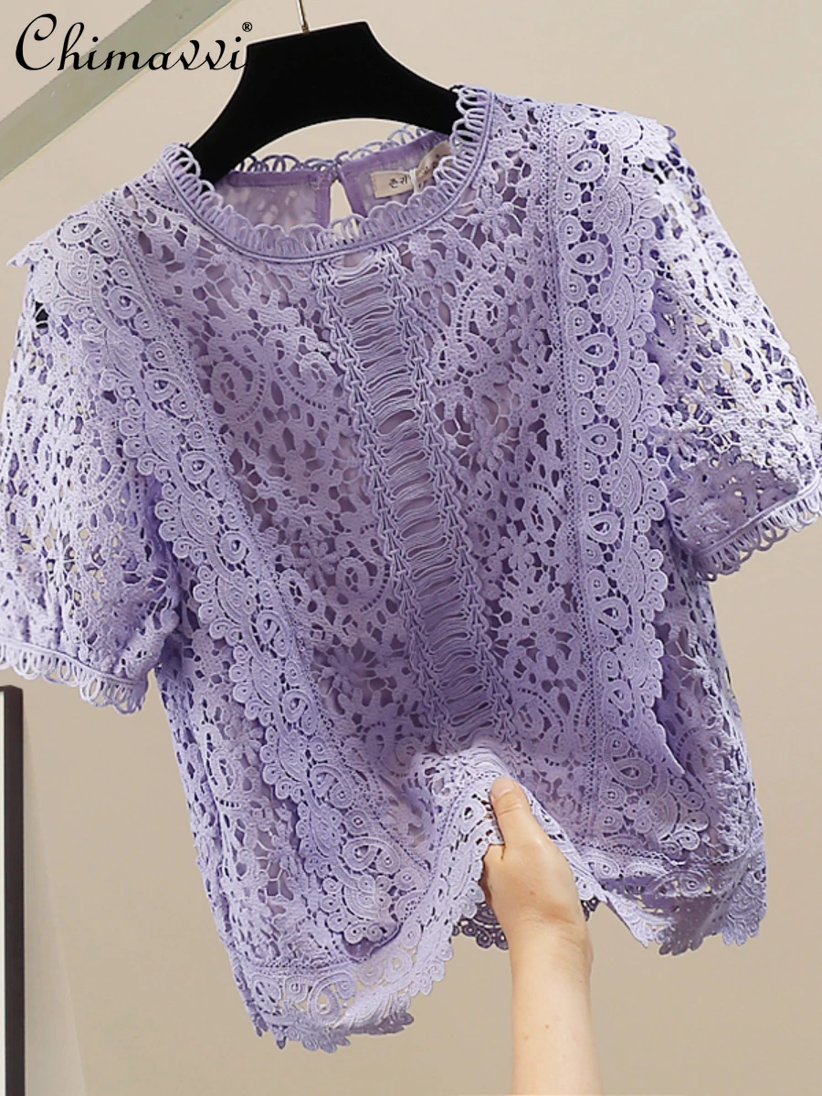 

Fashion Hollow Water-Soluble Lace Ruffled Splicing Tape Inner Pullover Short Sleeve Top High-End Elegant Loose Shirts Summer