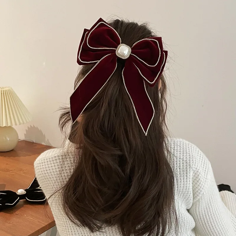 Korean Velvet Bow Hair Pins Fabric Rhinestone Pearl Hair Clips for Women Luxulry Jewelry Spring Clip Gils Hair Accessories