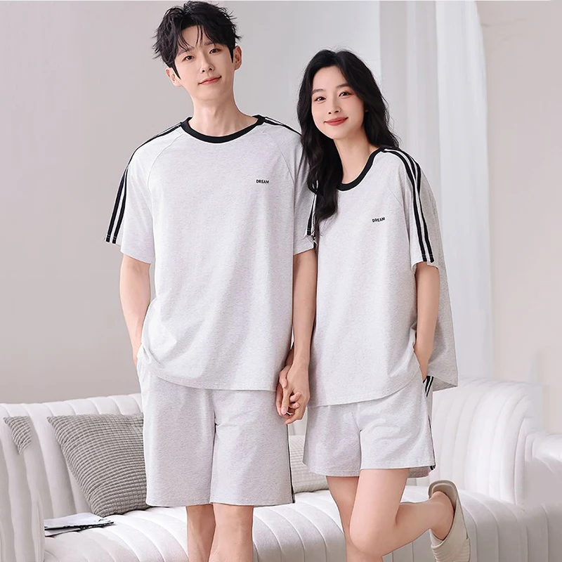 2026 Summer Couple Short Sleeve 100% Cotton Pajama Sets for Men Korean Loose Shorts Sleepwear Pyjama Women Homewear Home Clothes