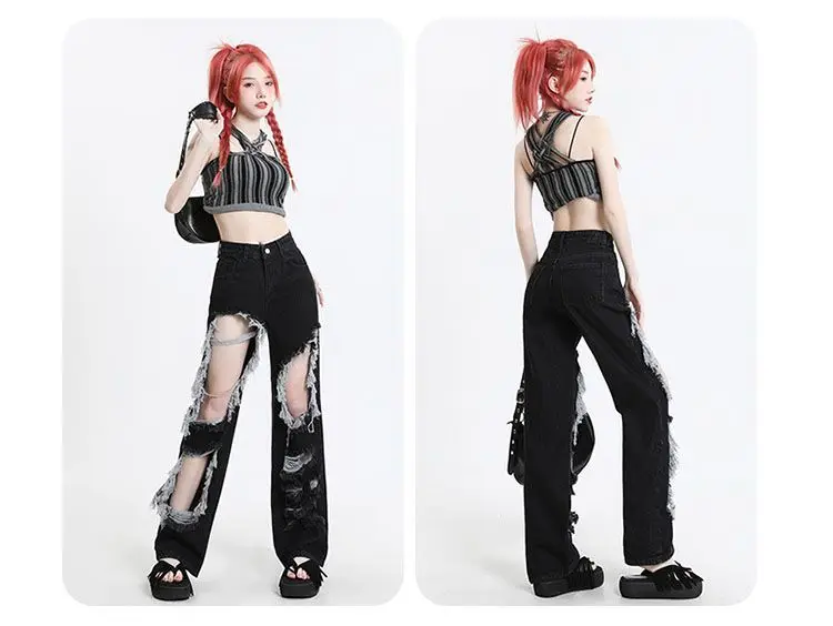 Gescheurde jeans Koreaanse kleding Vrouw Trekkoord Elastische taille Ontspannen losse pasvorm Dames Vrouwelijke broek Denim Mode Comfortabel