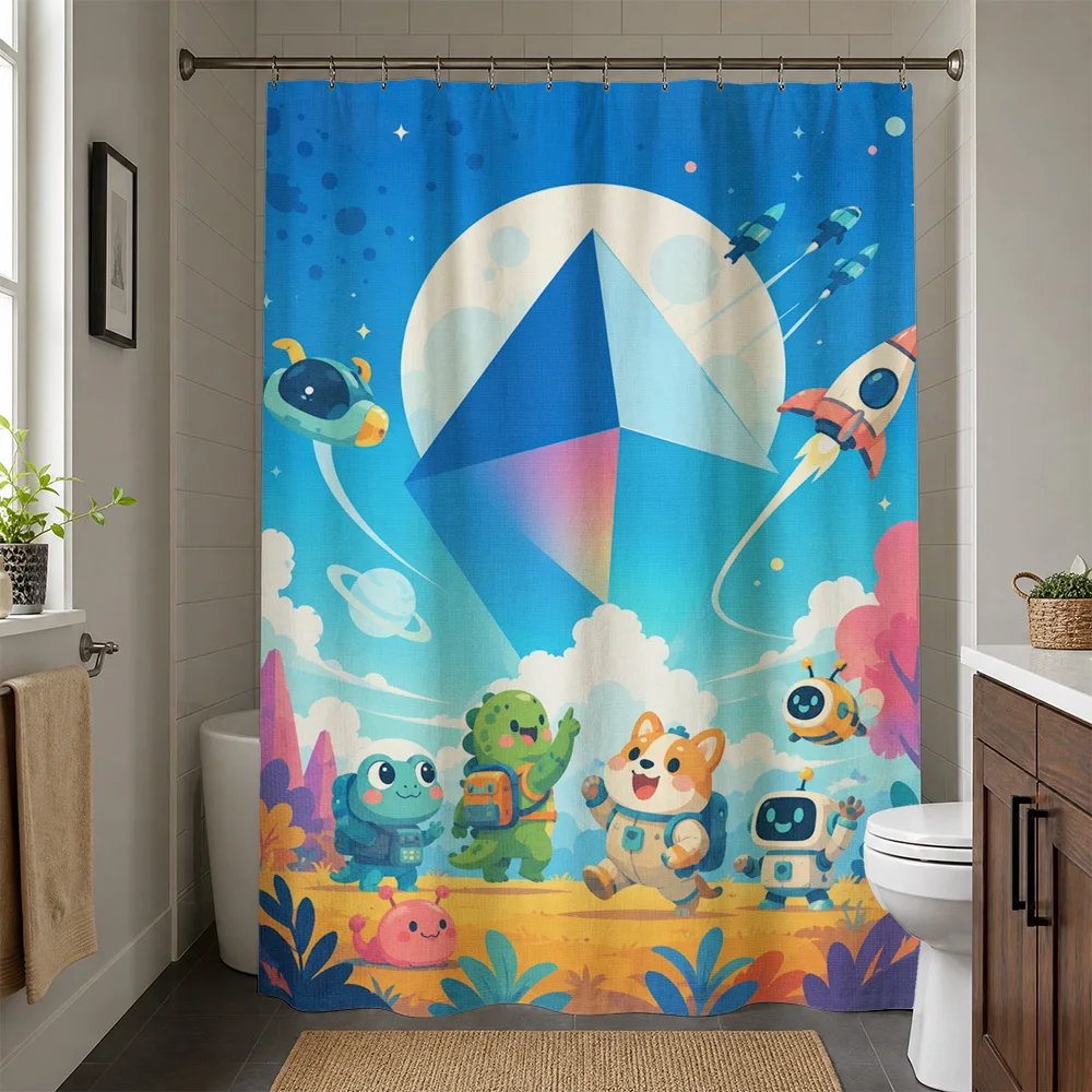 Cute Cartoon Kids Bathroom Shower Curtain Space Adventure Planets Aliens Fun Nursery Decor