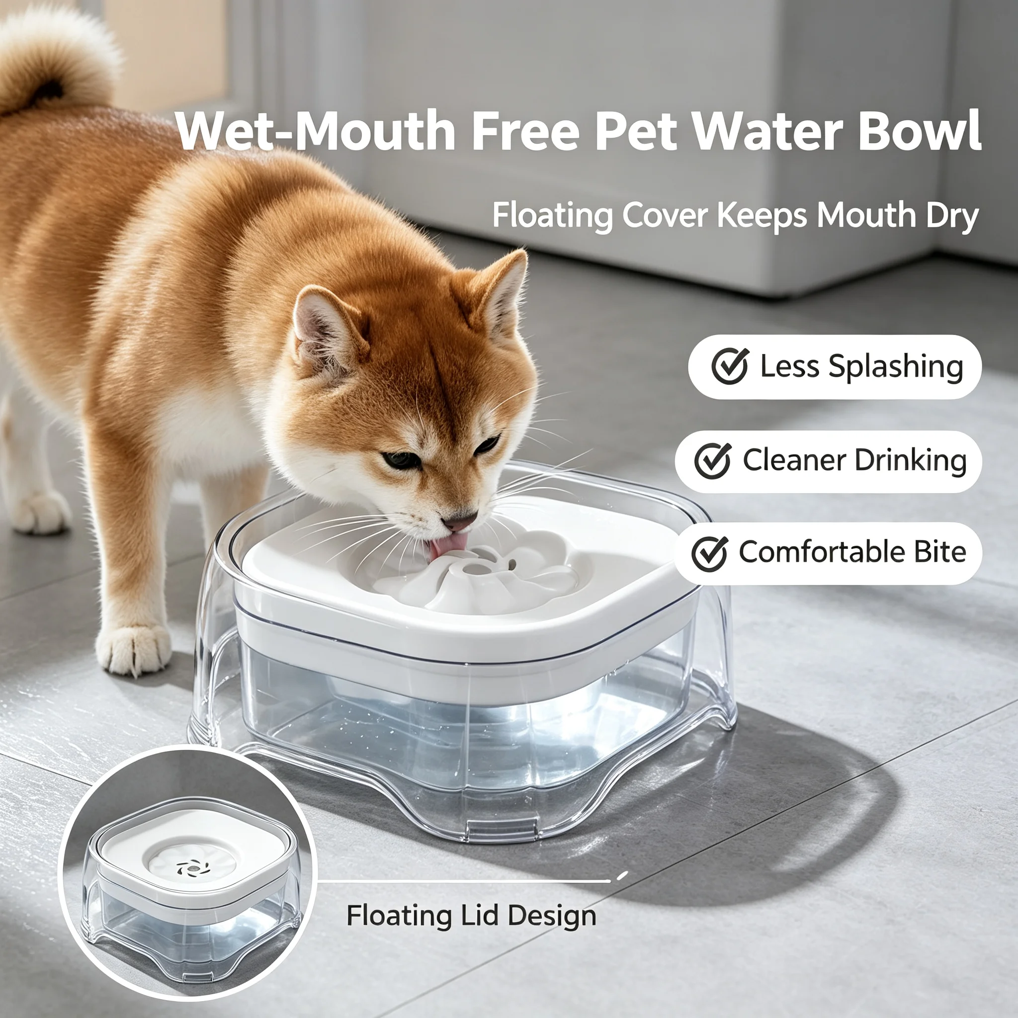 Pet Water Bowl Anti Splash Floating Slow Feeder No Spill Transparent Drinking Dish Filter Dogs Cats Large Capacity