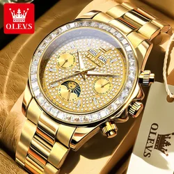OLEVS 2025 Men's Automatic Watches Gold Luxury Mechanical Wristwatch For Man,Diamond Dial,Date,Moon Phase,Fashion&Business,7038