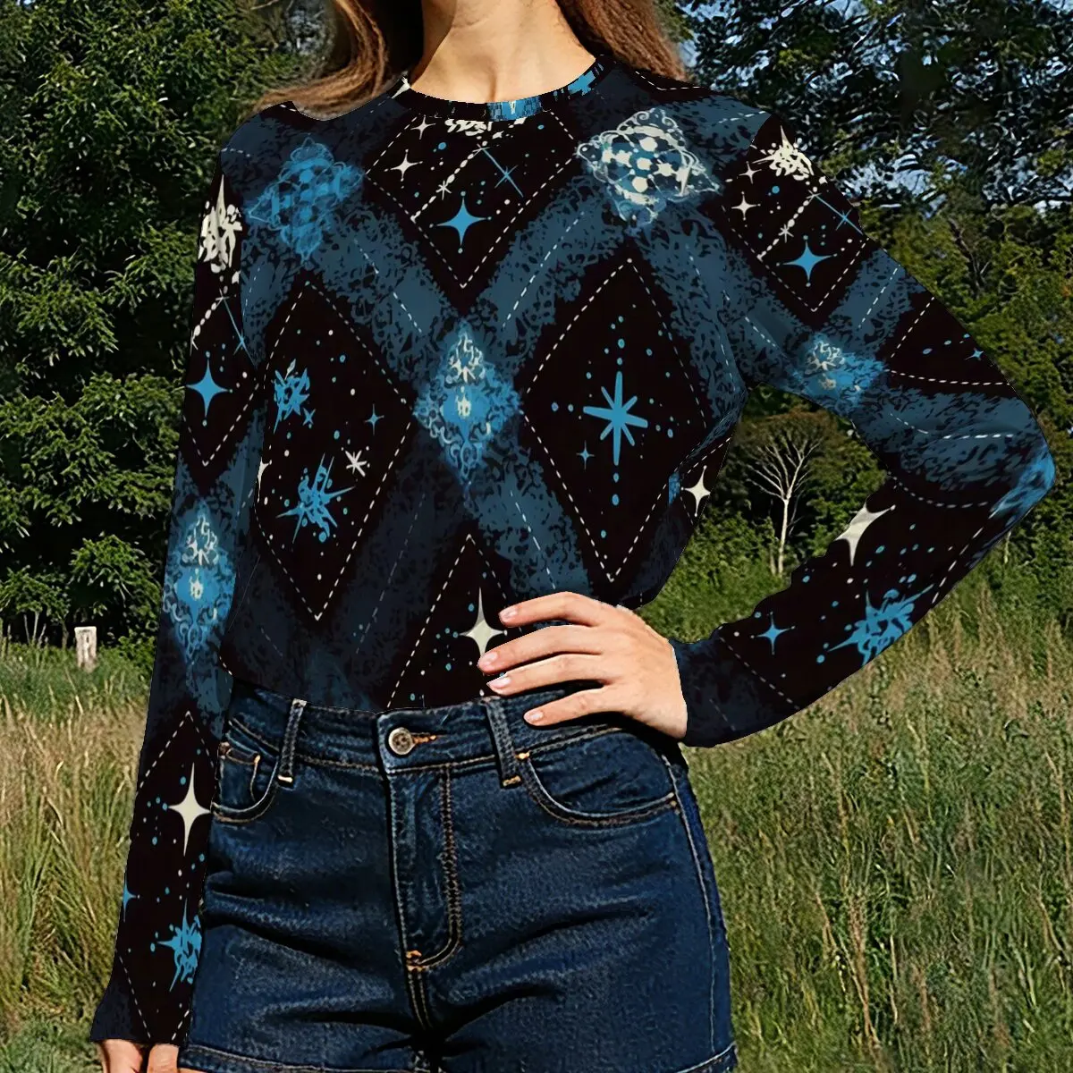 Women's Spring and Autumn Long-Sleeve T-Shirt, Classic Plaid with Mysterious Texture, Trendy for Daily Casual and Commute
