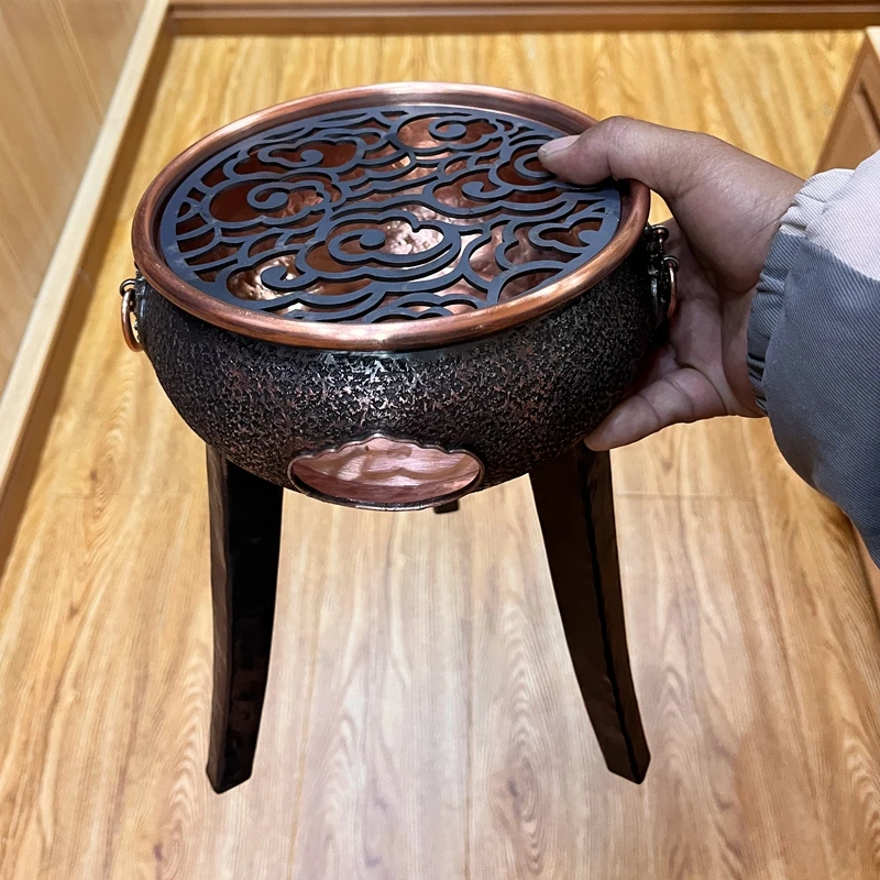 Retro Pure Copper Solid Copper Tea Stove Heavily Carved Three-legged Incense Burner Chinese Tea Set