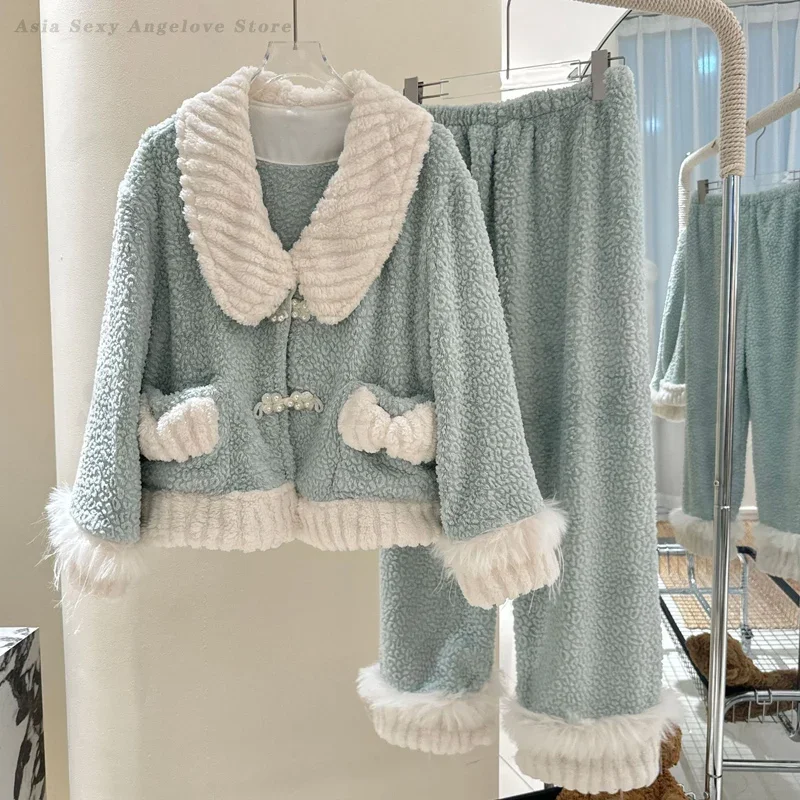 Coral Fleece Fur Collar Outerwear Lounge Wear Nightwear Winter New Thick Pajamas Set Women's Sleepwear Warm Elegant Homewear
