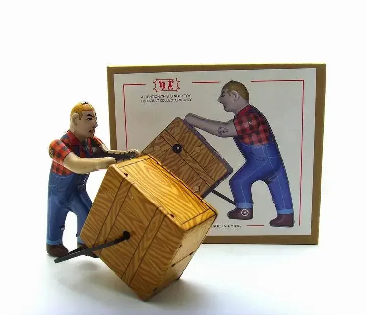 [Funny] Adult Collection Retro Wind up toy Metal Tin wharf Worker is working Move box Clockwork toy figures model vintage toy