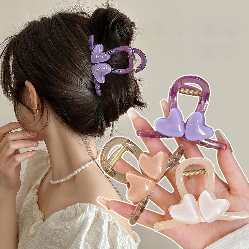 

New Woman Small Double Heart Design Plastic Hair Claw Barrettes Ladies Sweet Hair Clips Hairpins Girl Versatile Hair Accessories