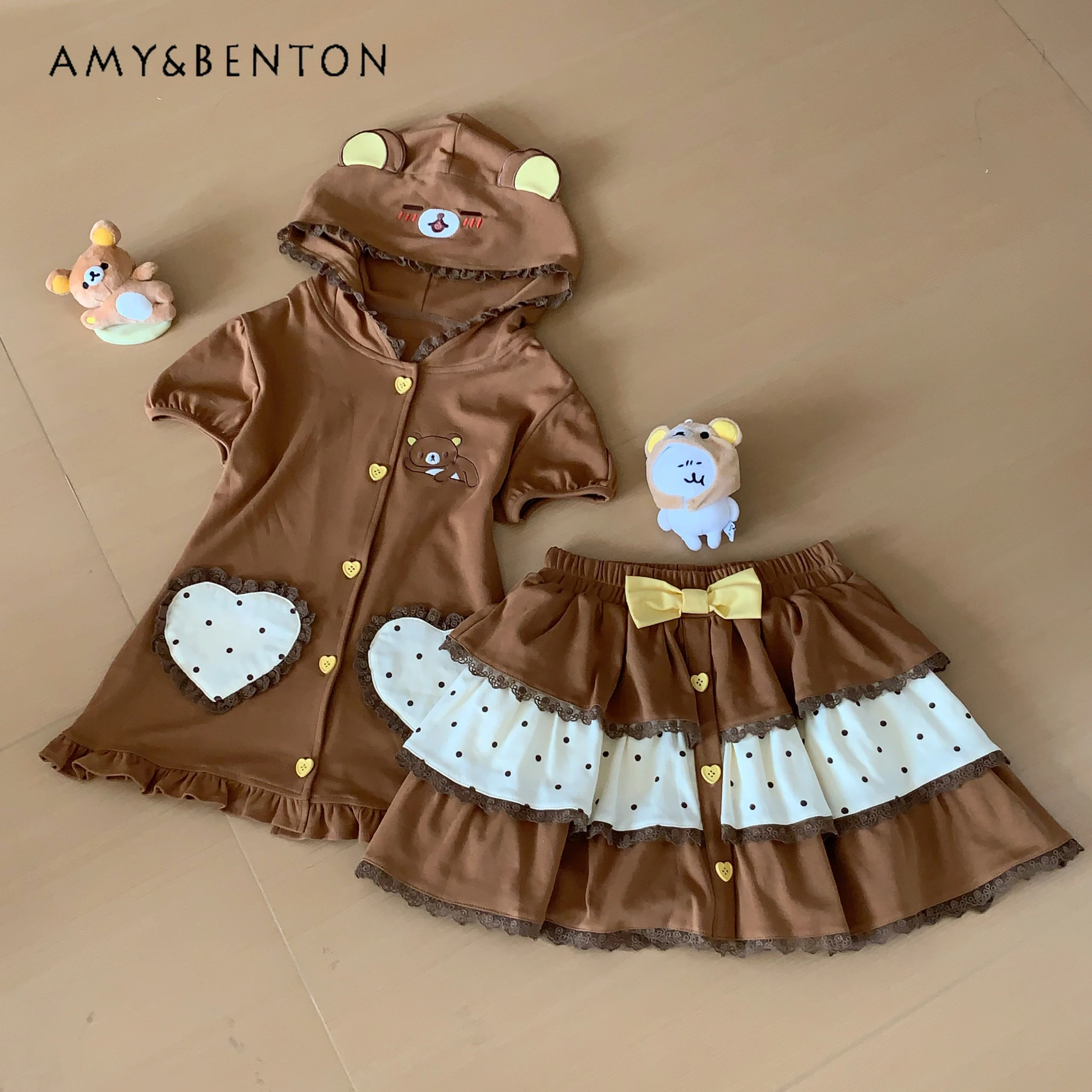 

Japanese Cute Cartoon Embroidered Polka Dot Hooded Short-sleeved Slim-fit Top Elastic Waist Bow Cake Skirt Two-piece Set Summer