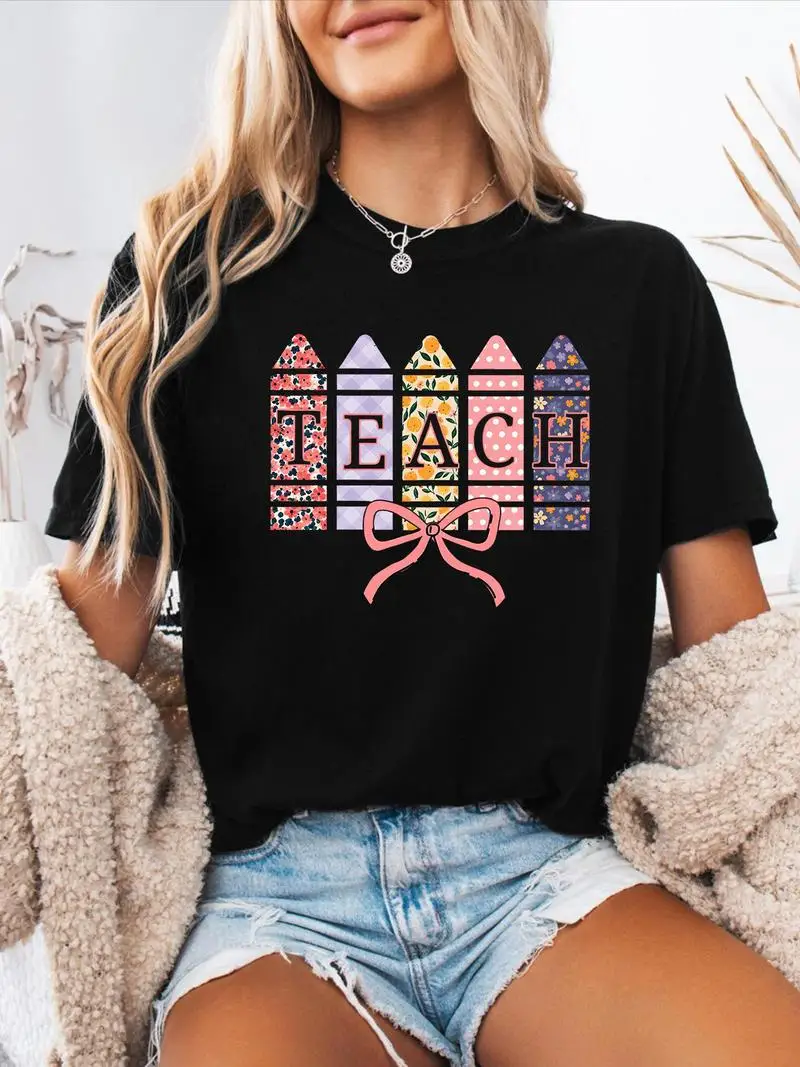 Teacher Floral Alphabet Print T-Shirt - Spring/Summer Casual Round Neck Short Sleeve Women's Top, School Gift For Teachers