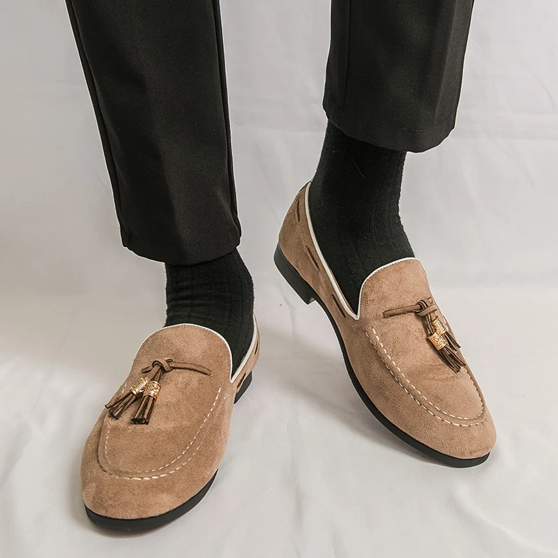 

Men's Casual Suede Leather Shoes Anti Slip Business Shoes Fashion Versatile Male Classic Fringe Loafers Tide Party Driving Flats