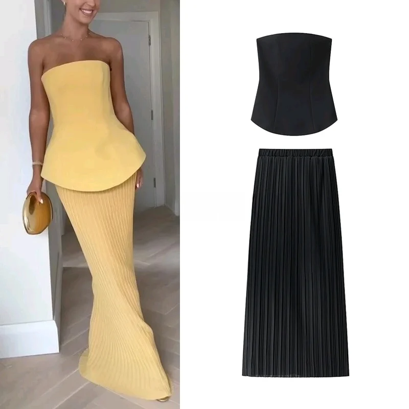 

Spring New Arrival Women's Casual Simple Waist-Cinching ort Crop Top + High Waist Pleated Skirt Two-Piece Set