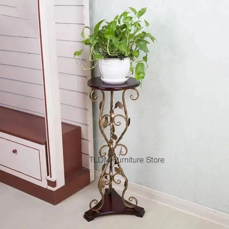 Solid Wood European-style Living Room Flower Stand Wrought Iron Hotel Single-layer Flower Pot Rack for Balcony Floor Plant Shelf
