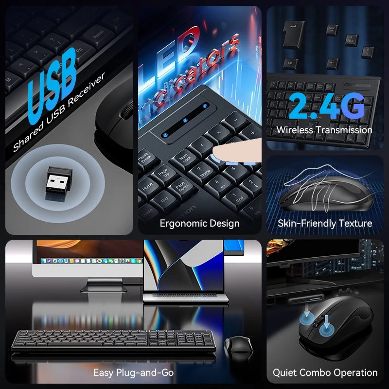 Vention Wireless Keyboard Mouse Combo USB 2.4GHz Silent Office Ergonomic Design 1200 DPI Mouse 104 Key Keyboard for Window PC