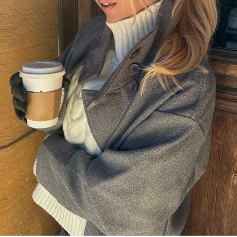 Nowy damski krótki płaszcz wełniany z eleganckim kołnierzem stójką zapinany na jeden guzik, kolekcja jesień 2025