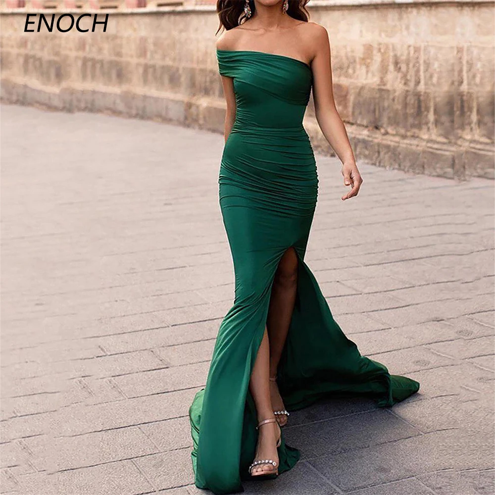 

ENOCH Simple Green Mermaid Evening Dresses Sexy Side Slit One Shoulder Sleeveless Backless Prom Party Gowns Vestidos De Noche