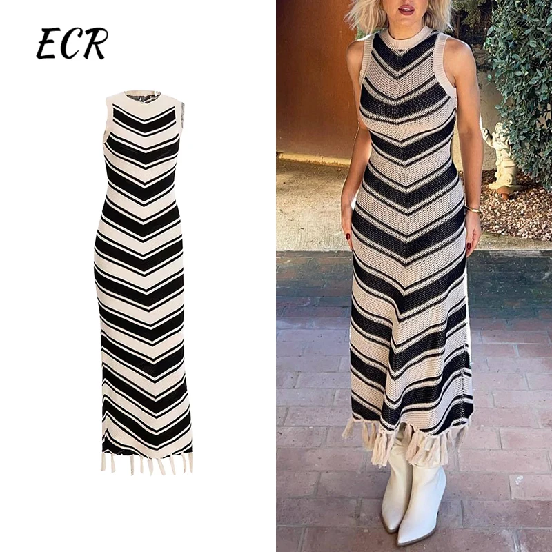 ECR Hit Color Slimming Long Dresses For Women Stand Collar Sleeveless High Waist Spliced Tassels Stripe Dress Female Fashion New