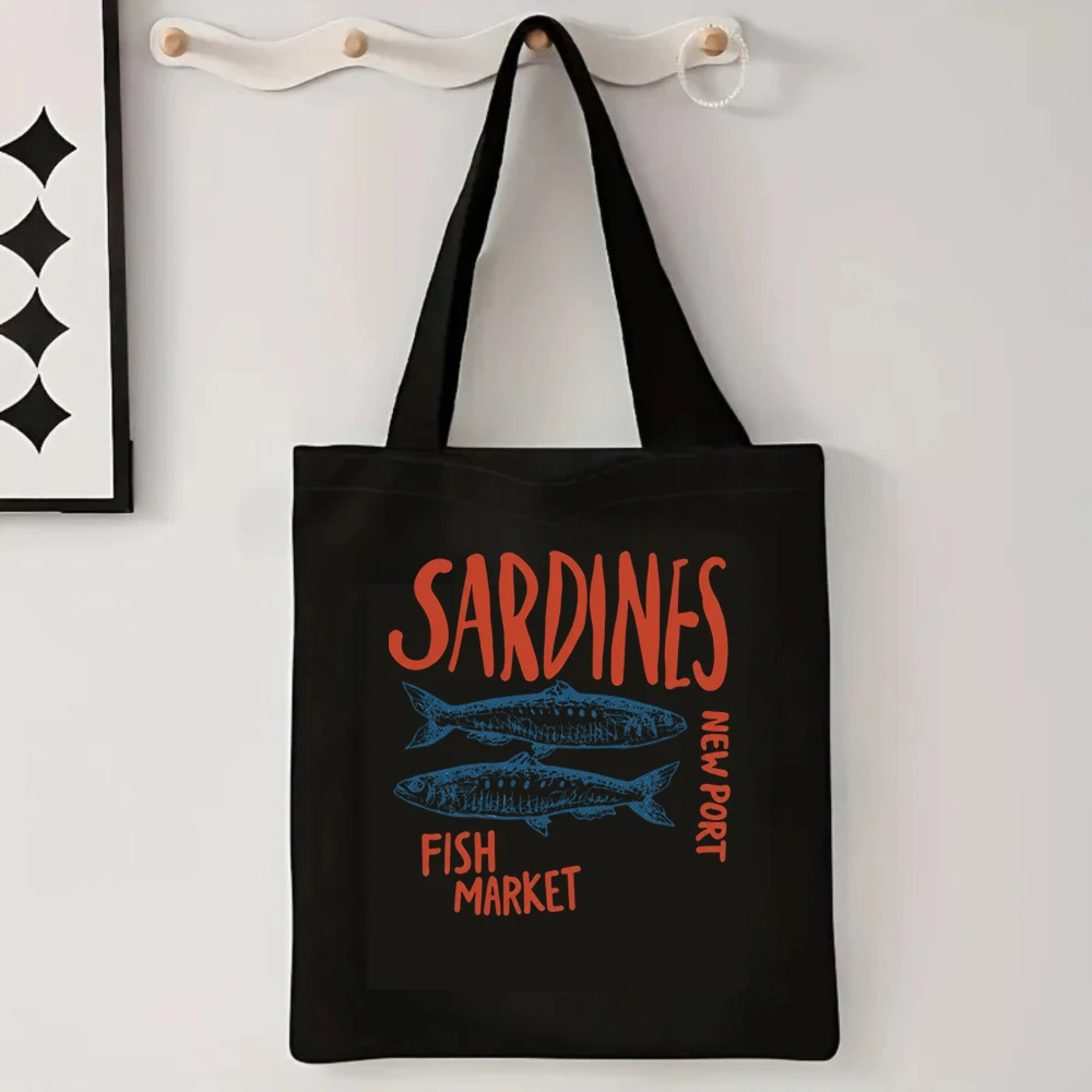 Vintage Sardines Fish Market Canvas Tote Bag Retro Seafood Graphic Handbag Aesthetic Coastal Grocery Shopping Book Bag