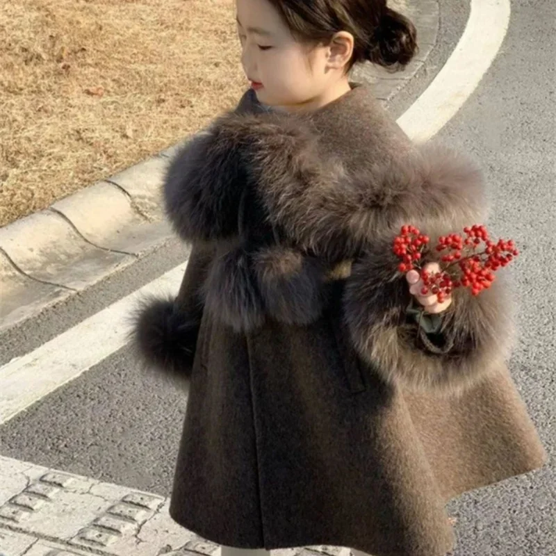 Girls Woolen Coat Overcoat Jacket Windbreak Outerwear 2024 Fuzzy Thicken Winter Warm Snowsuits Christmas Gift Children's Clothin