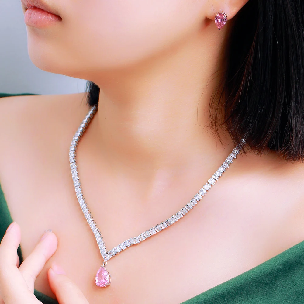 CWWZircons Elegante Glänzende Rosa Kubische Zirkonia Wassertropfen Hochzeit Verlobung Party Halskette Brautschmuck-Sets Accessoires T0926 – Detail 2