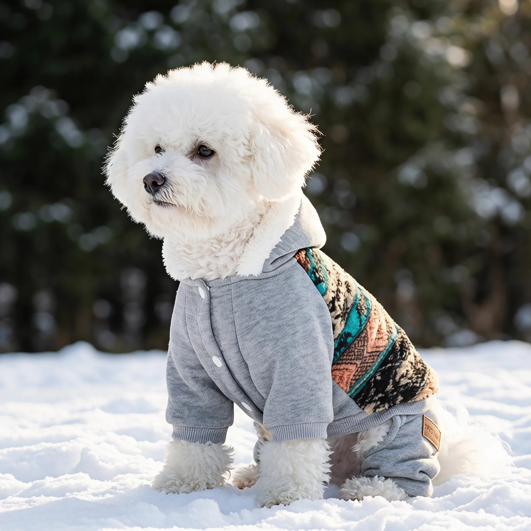 Vierbeiniger Anzug mit Kapuze für Hunde, im ethnischen Stil, mit Jacquard-Muster und Fransen am Saum, vorne mit Druckknöpfen zu öffnen, mit gerippten Ärmel- und Hosenbündchen. – Detail 6