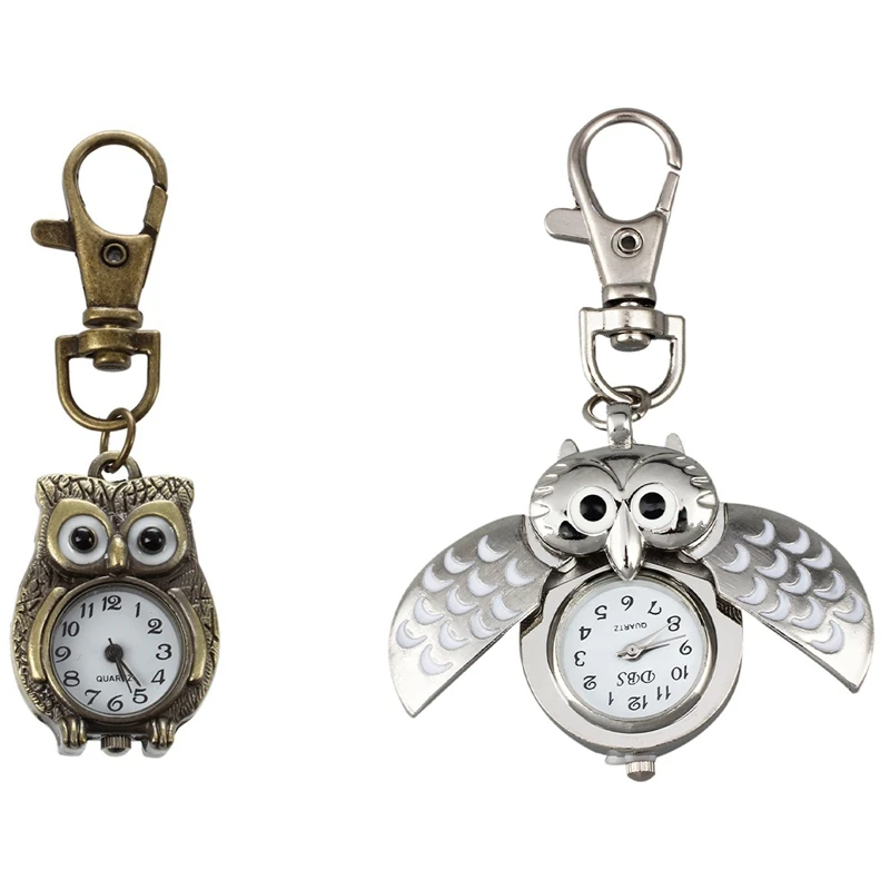 2PCS Owl Pocket Watch With Key Chain 40 X 25 Mm Silver With Keychain Clock Keyring Owl Shape 37 X 24Mm