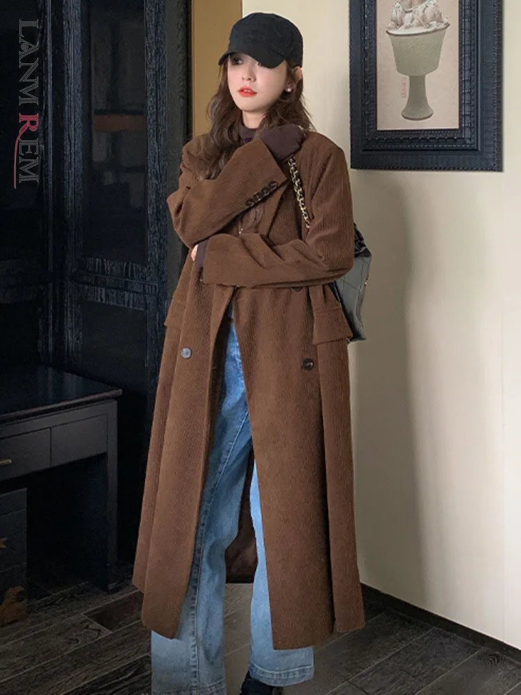 LANMREM cappotto di velluto a coste stile coreano donna moda risvolto maniche lunghe doppio petto abbigliamento 2024 Vintage autunno nuovo 2 db1033