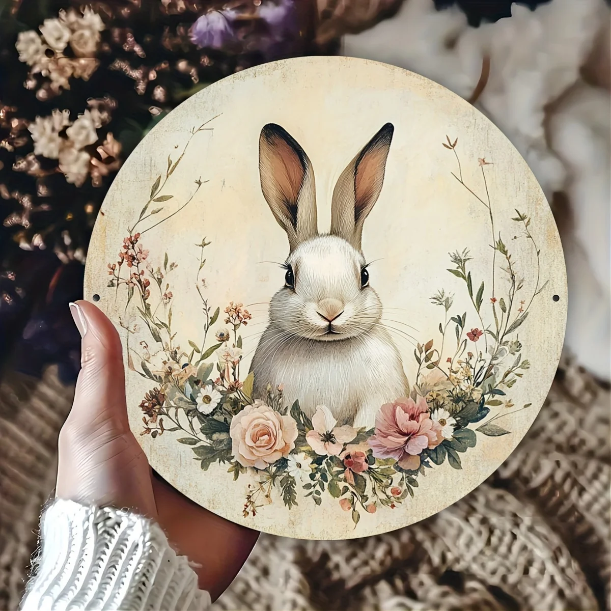 1pc, 8x8 inches Aluminum Metal Sign, Easter Bunny Wreath Design, Round Wreath Sign, Artistic Craft Tool for Scrapbooking and Sew