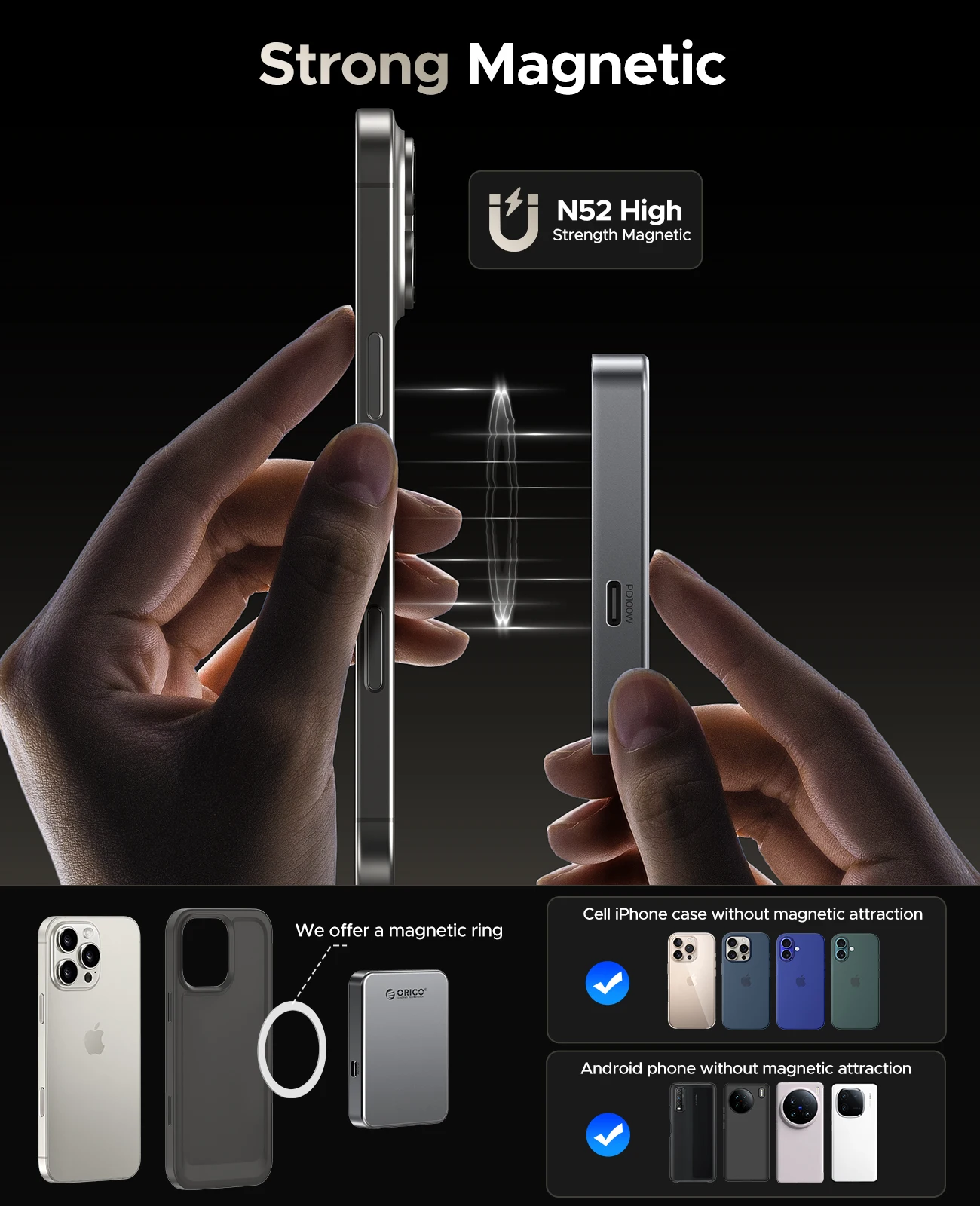 ORICO 1TB Magnetic SSD, PD100W Charging, 4K ProRes HDR, 1000MB/s USB 3.2, Portable External Drive for iPhone 16/15, Laptops