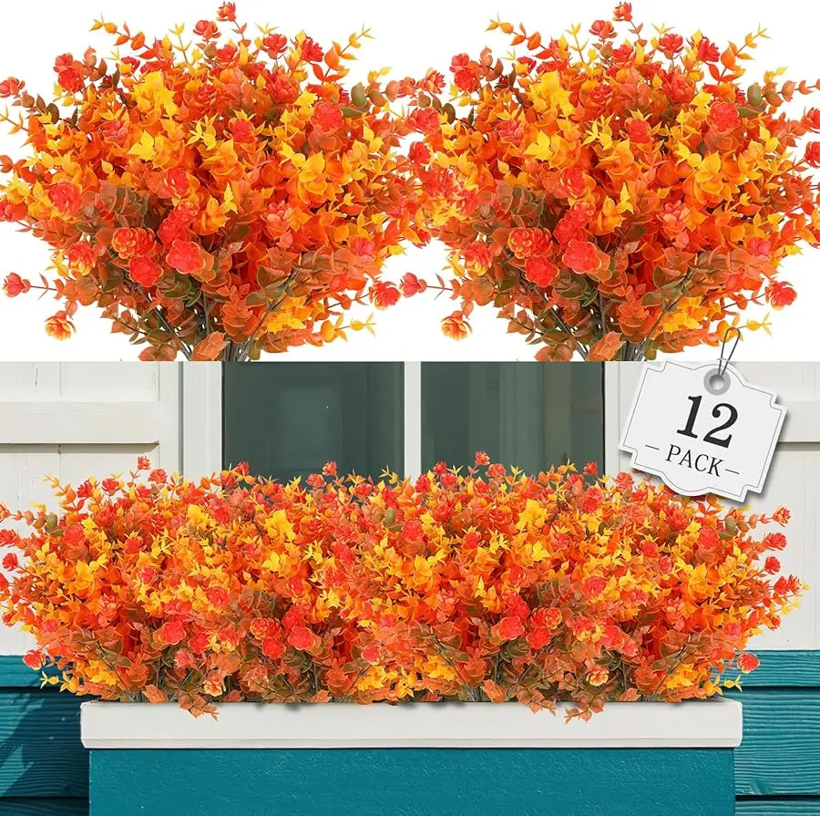 

12 Bundles Artificial Fall Flowers Outdoor Indoor Decoration,No Fade Autumn Fake Plastic Plants with Eucalyptus Leaves,Faux Mums
