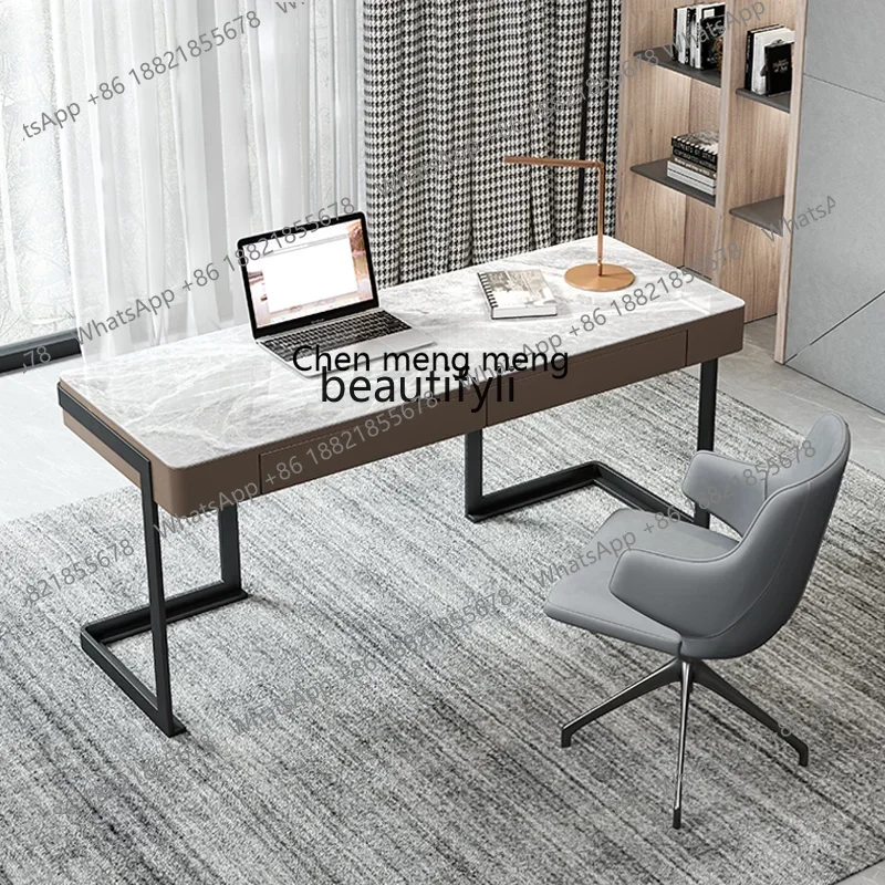 ss7486 Italian Minimalist Stone Plate Light Luxury Study Desk Modern Minimalist Writing Desk Bookcase Integrated Home
