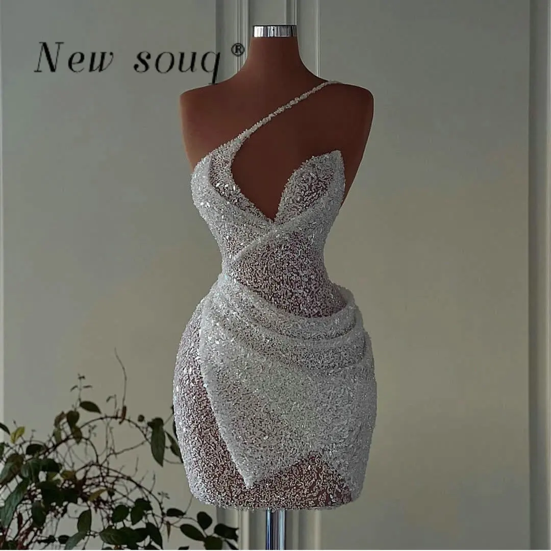 

Сексуальное белое короткое платье на одно плечо для выпускного вечера для девочек без рукавов с блестками, мини-коктейльное платье для выпускного вечера