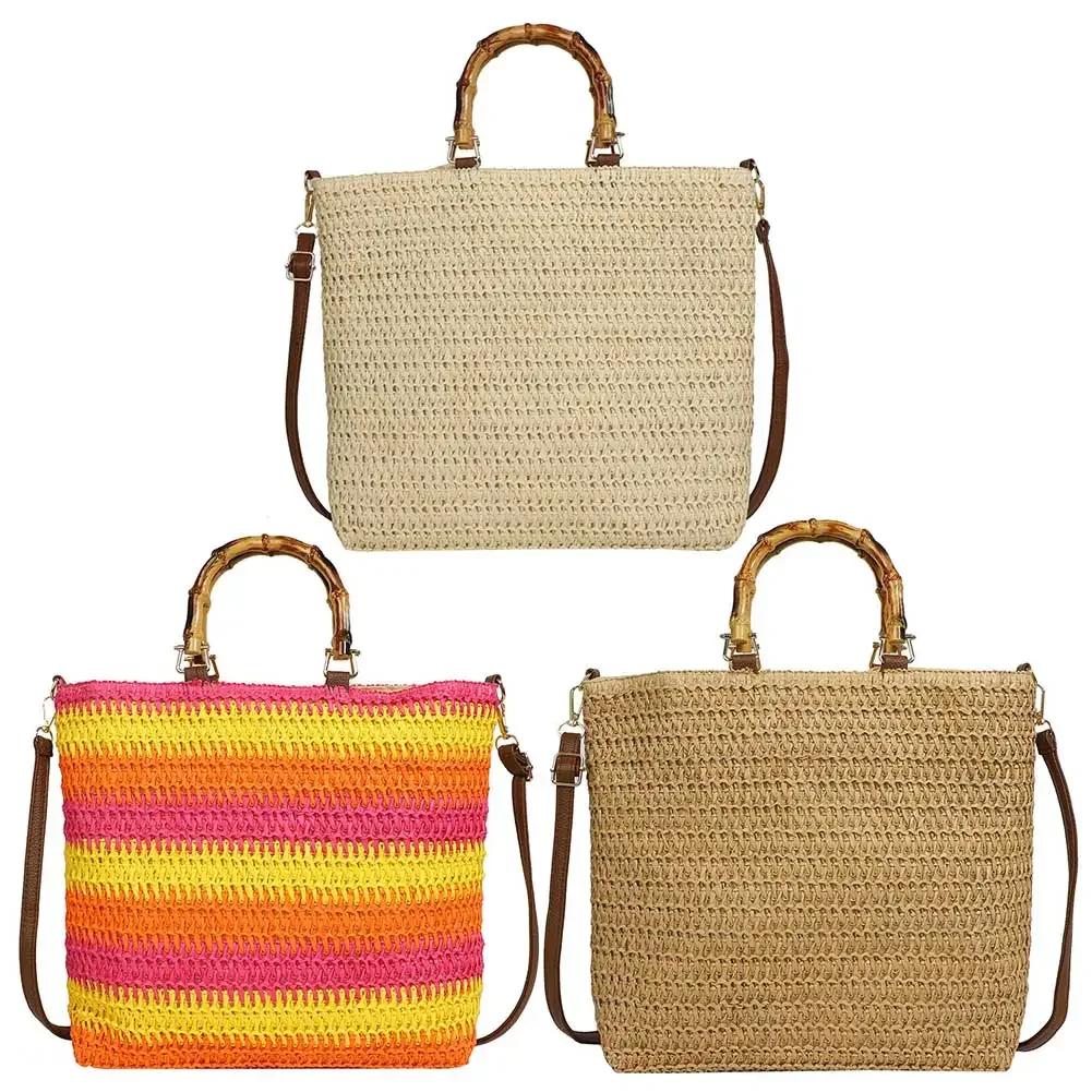 

Women Straw Woven Handbag Weaving Tote Bag Large Capacity Stylish Crossbody Bag with Bamboo Handle Drawstring for Outdoor Travel