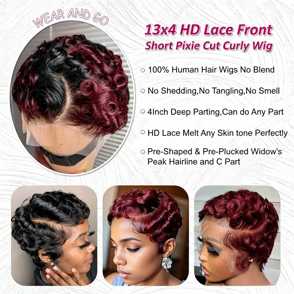 T1B/99J Deep Wave Pixie Cut Human Hair Wig for Black Women,13x4 Lace Front Glueless Wig 180% Density Pre Styled Natural Hairline