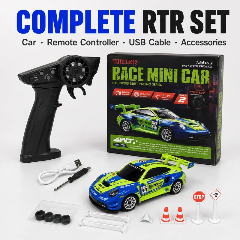 1:64 Mini RC Drift Car 4WD Full Proportional Control Alloy Metal Body LED Lights Desktop Racing Model Vehicle