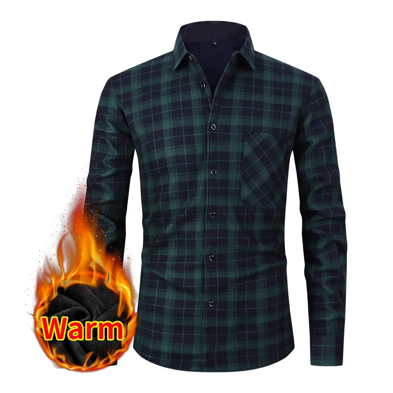 New American size men\'s shirt autumn and winter plus fleece thickened warm plaid fashion casual free ironing large size slim fit