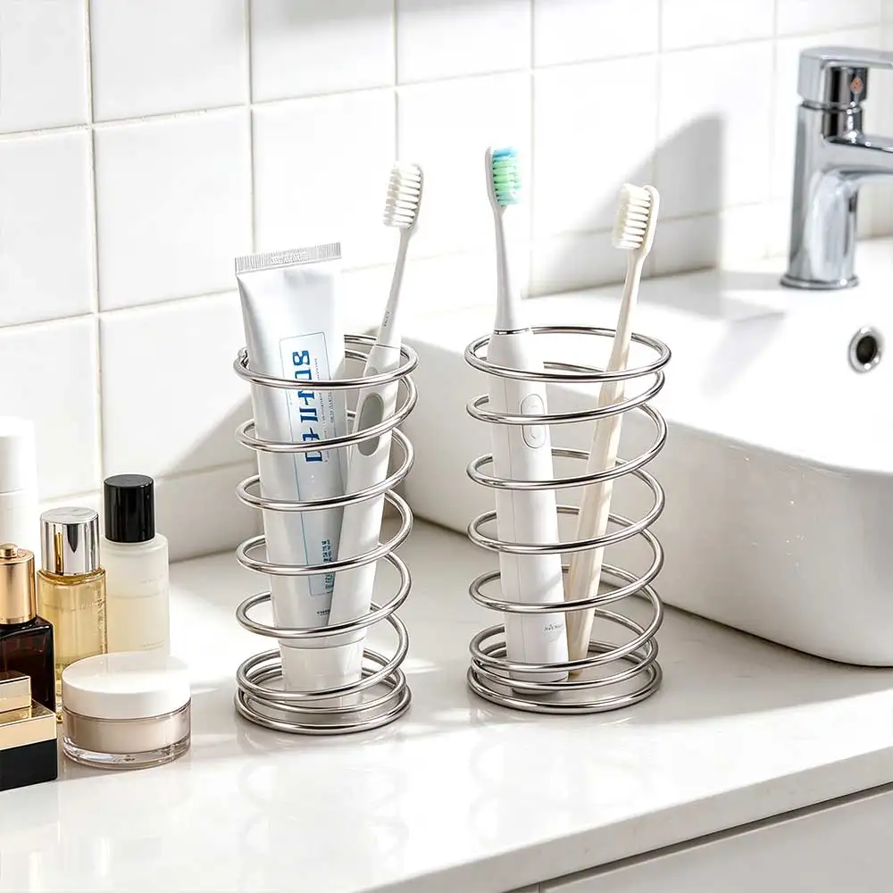 Stainless Steel Spring Shaped Toothbrush Holder Hollow Space Saving Makeup Brush Storage Rack Silver Toothbrush Rack Tabletop