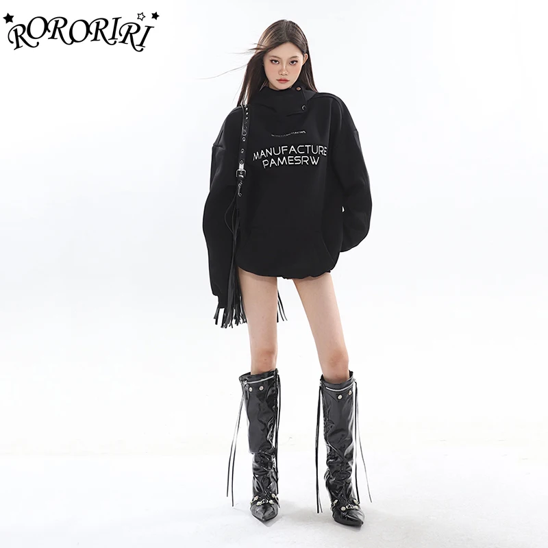 RORORIRI Deconstructed Turtleneck Women Sweatshirt with Hood Oversize Black Long Sleeves Graphic Hoodies Top Grunge Streetwear