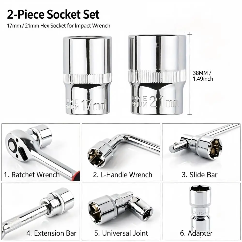 2Pcs 17mm&21mm Chrome Vanadium Steel Tire Valve Stem Removal Socket Set, Heavy Duty Valve Core Tool Kit for Car Truck Motorcycle