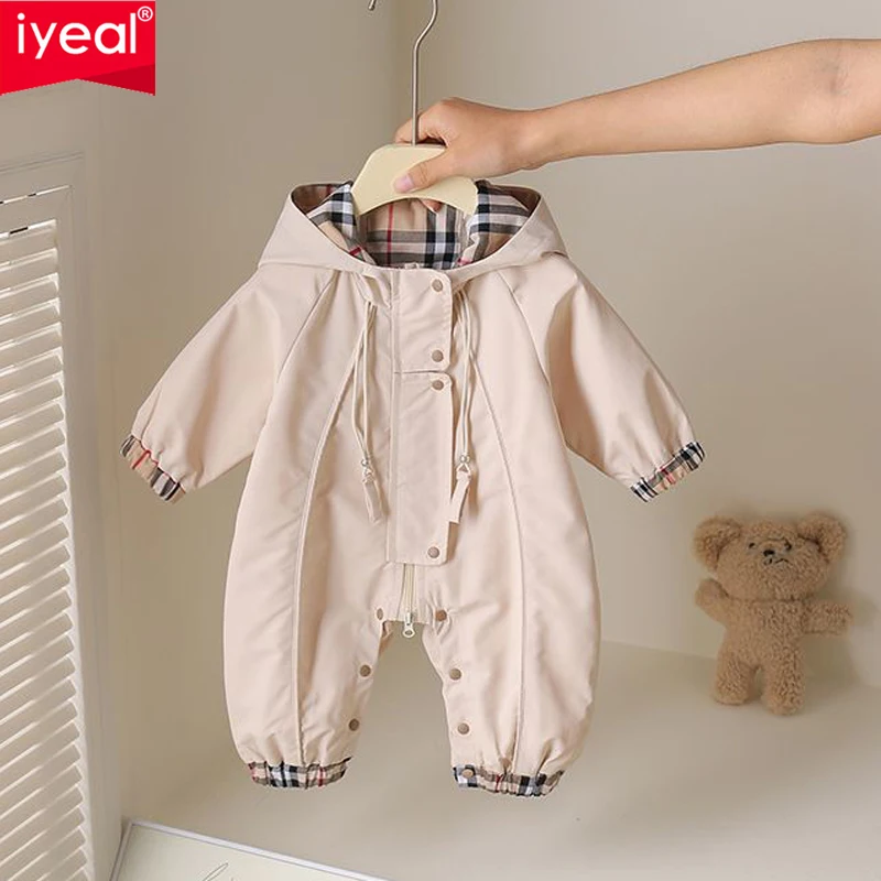 

Детский комбинезон IYEAL, классический модный комбинезон в клетку для весны и осени, детская куртка с капюшоном, корейская версия, повседневная верхняя одежда для улицы