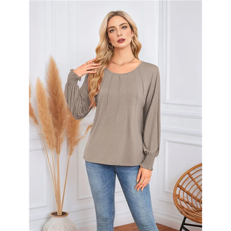 

ASDS-Long Sleeve Shirts Womens Pleated Business Casual Blouses With Smocked Cuffs