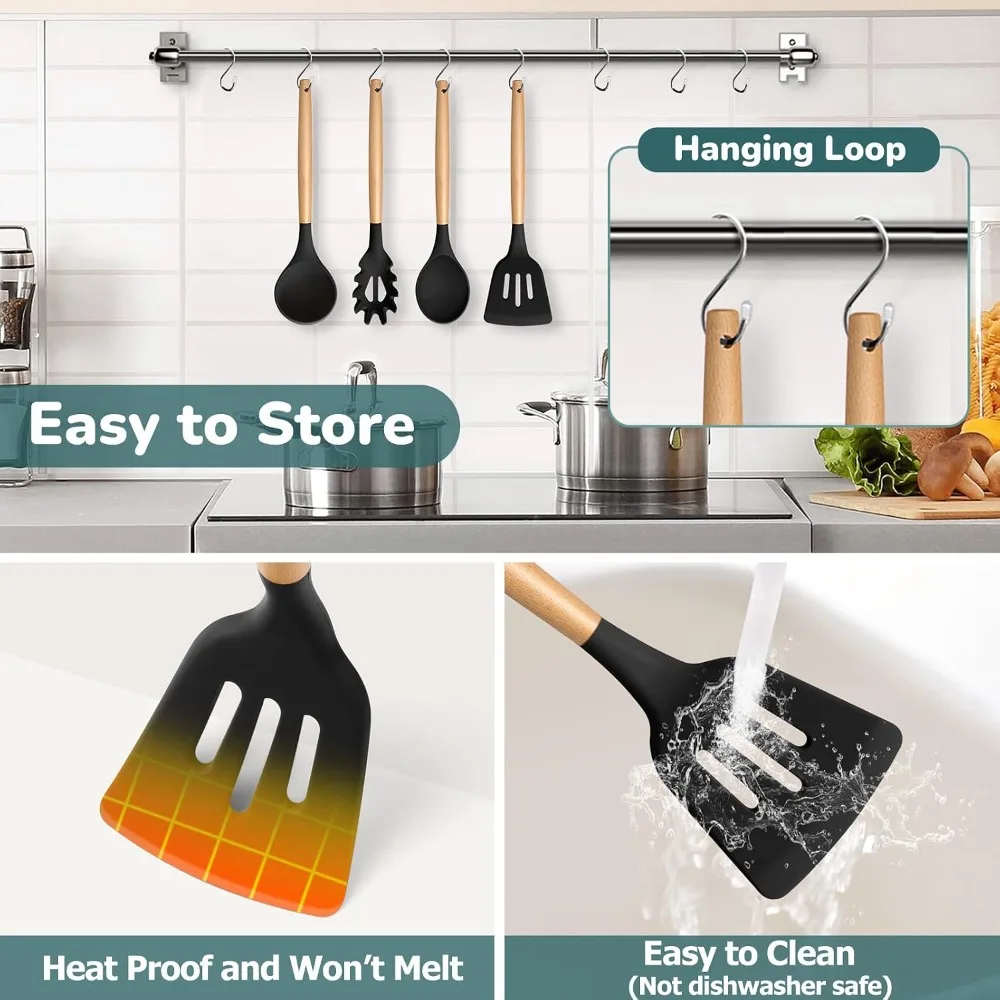 7-Piece Silicone Kitchen Utensils Set with Wooden Handles, Heatproof Cooking Tools for Turning, Mixing & Serving, Non-Stick Safe Black view 4