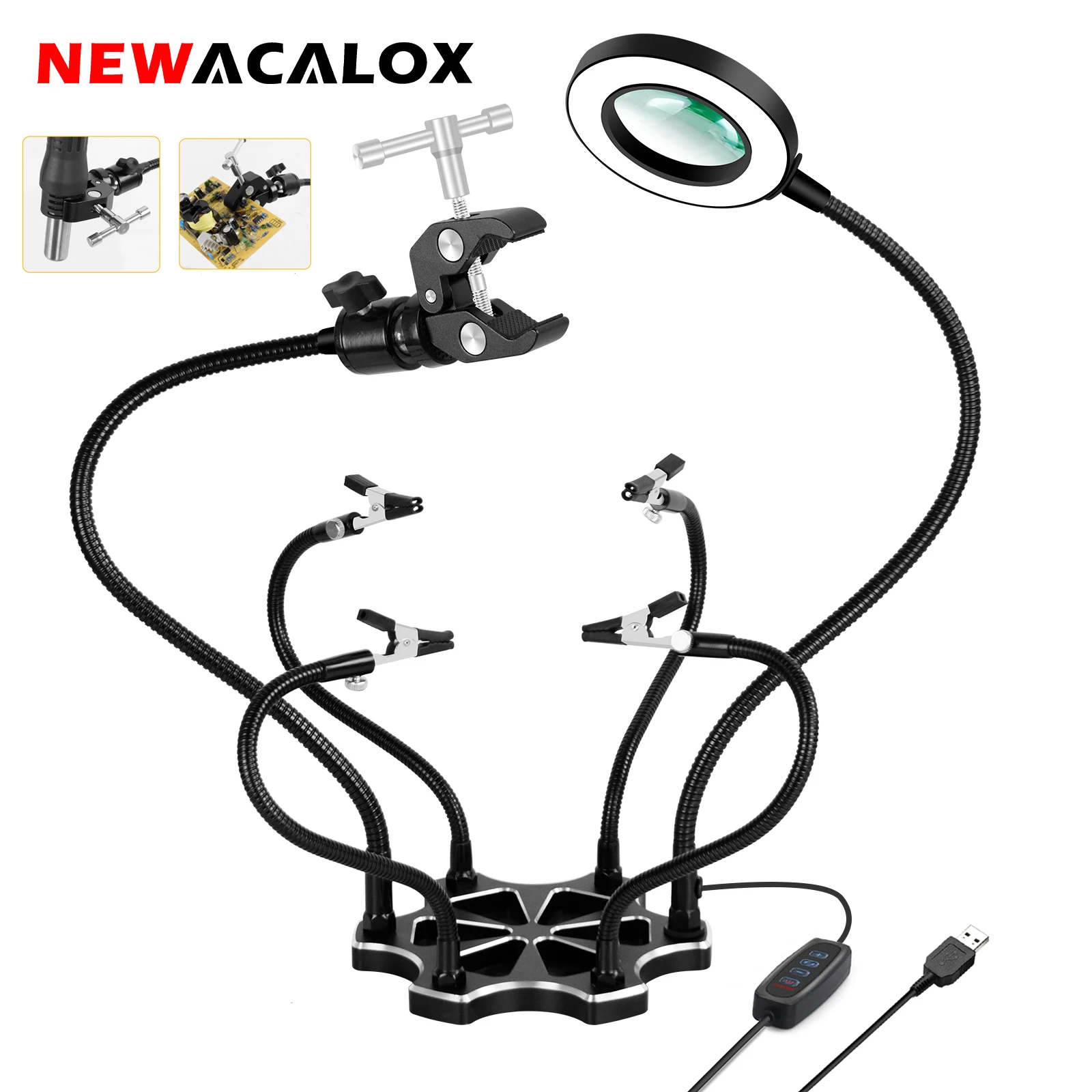 NEWACALOX Helping Hands Soldering Tool Hot Air Gun Stand with Magnifier Light PCB Circuit Board Holder for Soldering Repair